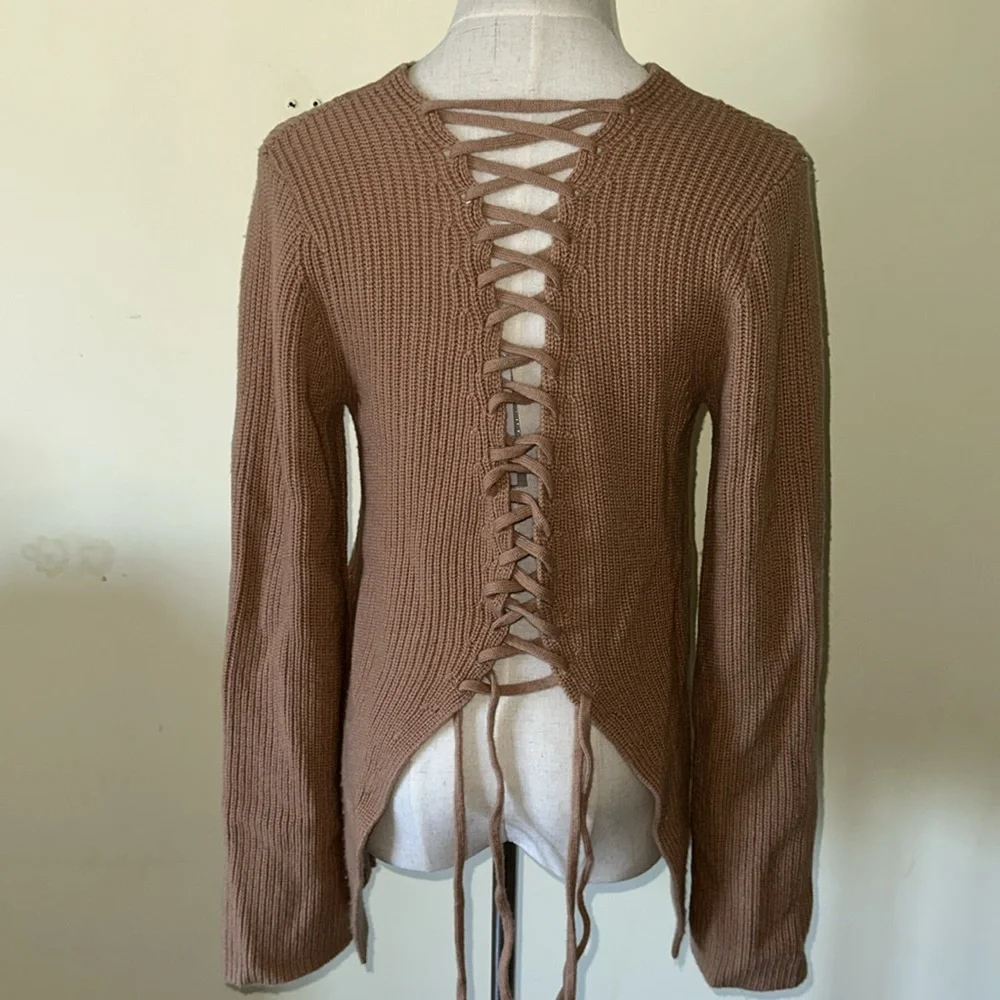 A.L.C. Camel Tan MARKELL Wool Cashmere‎ Lace-Up Back Crewneck Sweater